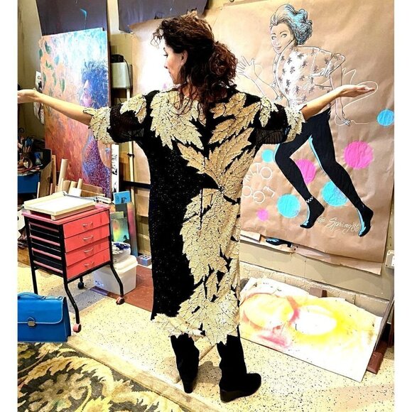 Vintage 80s Sho Max sequin dress opalescent creme black leaf design art nouveau - Picture 7 of 15